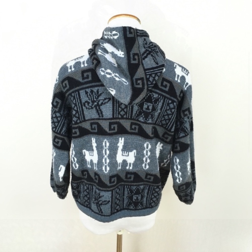 Tejidos Ruminahw Alpacas Aztec Hooded Jacket Gray Black Men’s Small - Picture 3 of 5